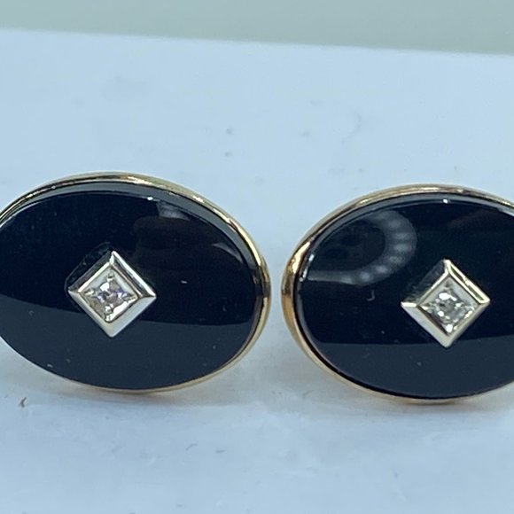 10KYG Designer 0.03ct Old Euro cut Diamond Onyx oval cufflink 7.5g
